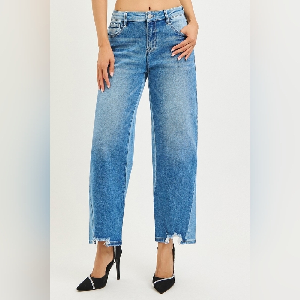 RISEN HR Dark Combo Contrast Wash Slouchy Barrel Jeans Cropped Ankle Various NEW - Picture 6 of 6